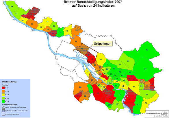 Karte des Bremer Benachteiligungsindex 2007 nach Ortsteilen